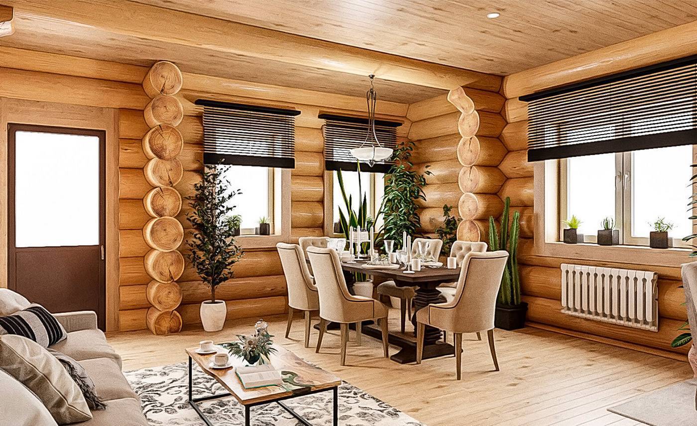 Интерьер дома из оцилиндрованного бревна – дизайн бревенчатого сруба внутри + фото